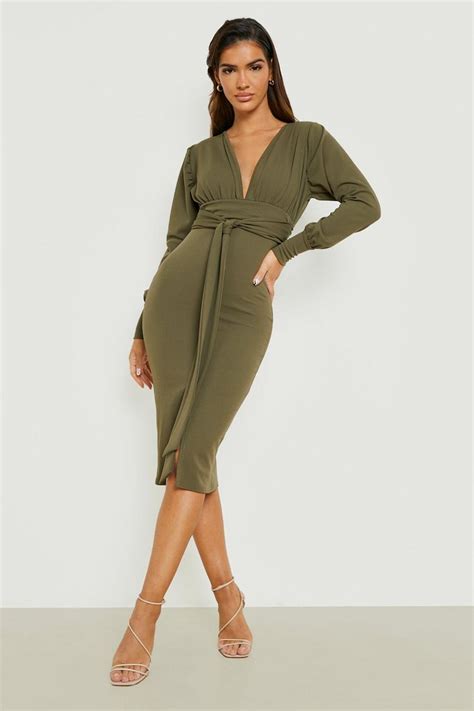 Plunge Tie Waist Midi Dress Boohoo