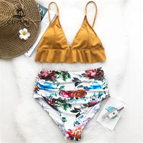 Cupshe Rose Ruffled Hem Bikini Set Women Flora V Neck High Waisted Two