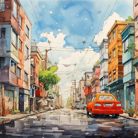 Premium Ai Image Painting Of A Red Car Driving Down A City Street In