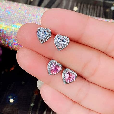 Huitan Pink Crystal Cz Heart Stud Earrings For Women Romantic Ear