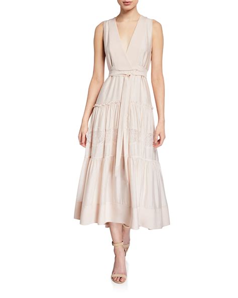 3 1 Phillip Lim Belted Back Lace Insert Tiered Silk Sleeveless Dress In