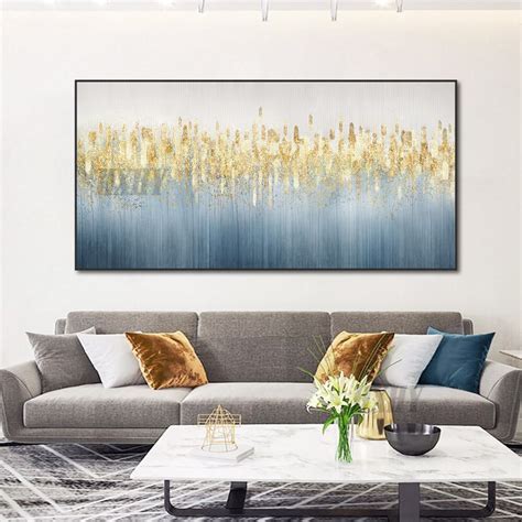 Abstract Blue Grey Oil Painting With Gold Foils 100 Hand Painted On