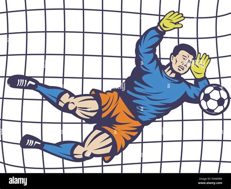 Illustration Of A Soccer Football Goalie Keeper Saving A Goal With Net