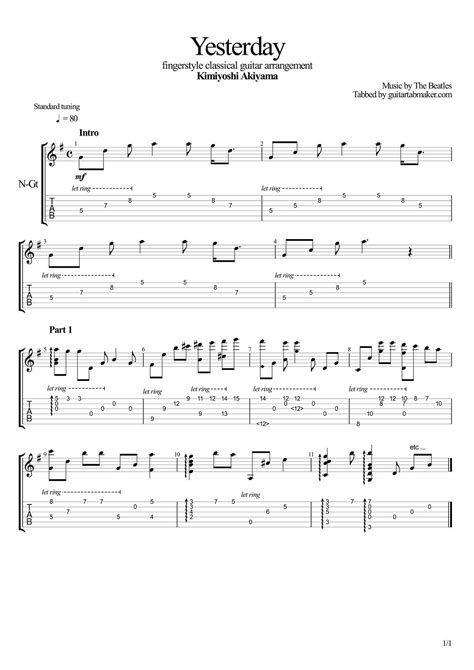 Yesterday Classical Guitar Tab Guitar Tabs Beatles Guitar