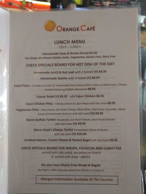 Menu at Orange Cafe, Kilkenny