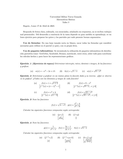 Taller Matemáticas Basicas 3 Universidad Militar Nueva Granada Matem