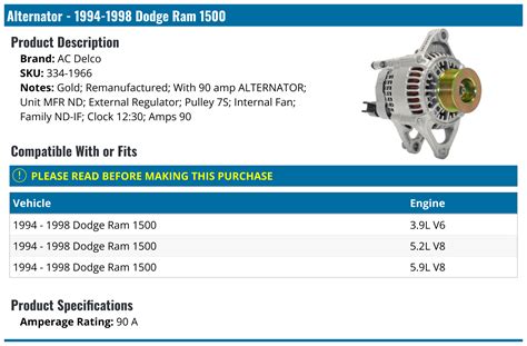 1994 1998 Dodge Ram 1500 Alternator Ac Delco 334 1966