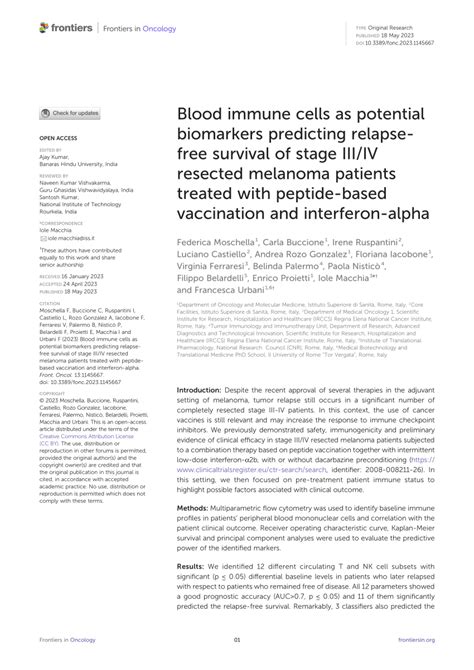 PDF Blood Immune Cells As Potential Biomarkers Predicting Relapse