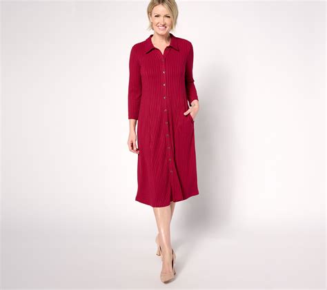 Susan Graver Sweater Rib Knit 3 4 Sleeve Button Front Midi Dress