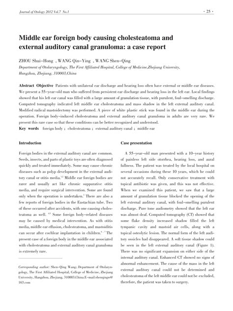 Pdf Middle Ear Foreign Body Causing Cholesteatoma And External