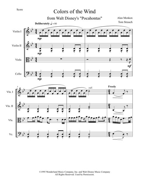 Colors Of The Wind Arr Tom Strauch By Vanessa Williams Sheet Music For String Quartet At