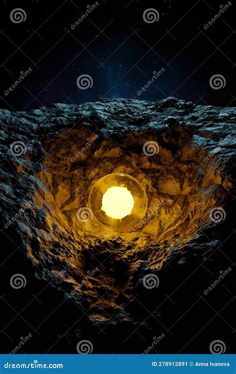 Glowing Sphere Orb In Pit Crater Cosmic Landscape Starry Sky Above