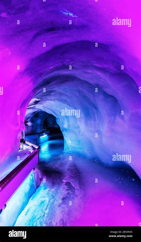 Colourful interior of the Titlis Glacier Cave on top of Mount Titlis ...