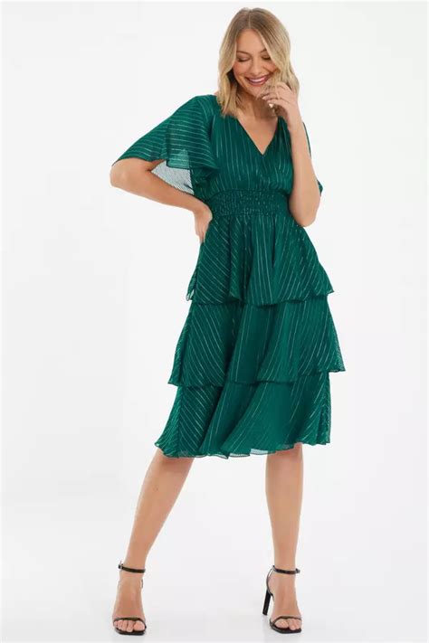 Green Glitter Chiffon Tiered Midi Dress Quiz Clothing