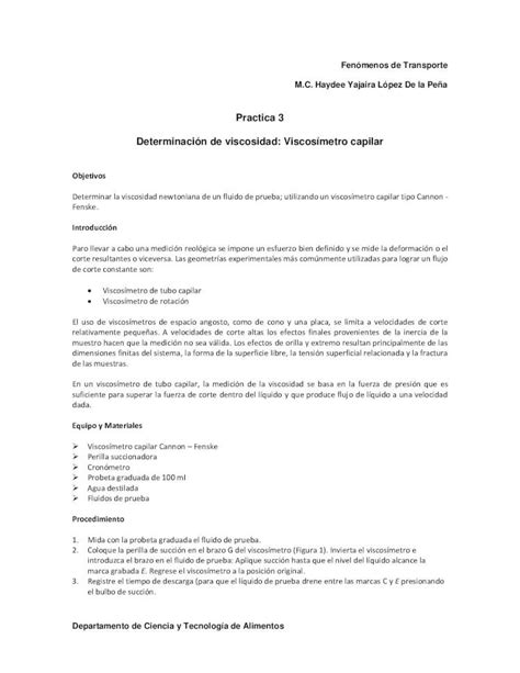 Pdf Practica Determinaci N De Viscosidad Viscos Metro Capilar