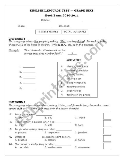 Grade 9 Final Exam Esl Worksheet By Nawal2010