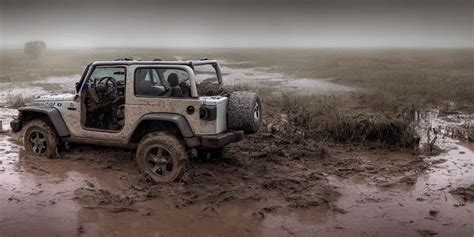 A Muddy 1997 Hardtop White Jeep Wrangler Drowning In Stable Diffusion