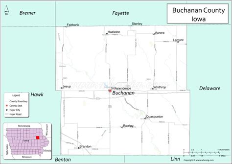 Map of Buchanan County, Iowa showing cities, highways & important ...