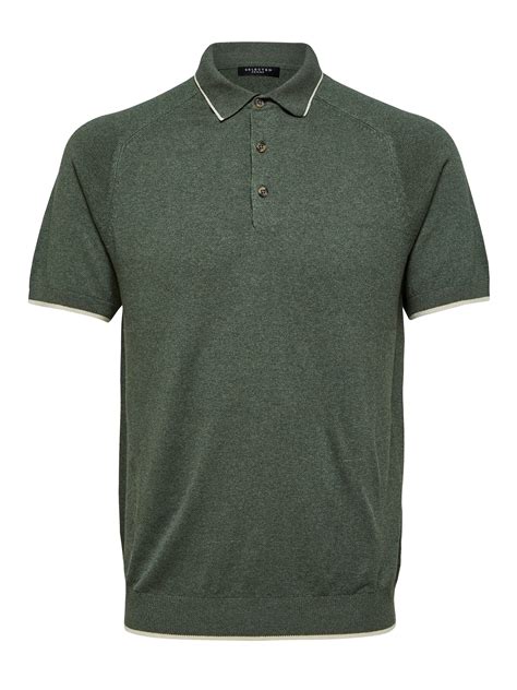 Selected Homme Green Knit Short Sleeve Polo With Striped Collar And Sl Taelor Style