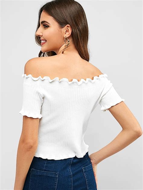 White Off Shoulder Ruffles Crop Tee