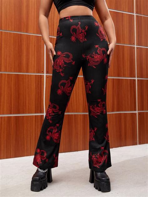 Shein Sxy Chinese Dragon Print Flare Leg Trousers Shein Uk