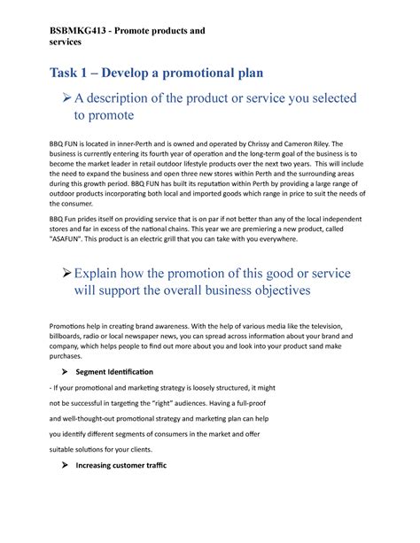 Bsbmkg 413 Promote Products And Services Services Task 1 Develop