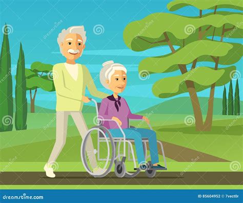 Senior Man Strolling With His Disabled Wife In Her Wheelchair Stock Vector Illustration Of