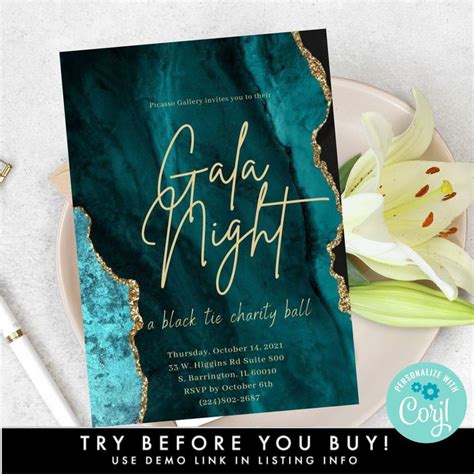 Teal Gold Agate Textures Gala Night Party Invitation Template