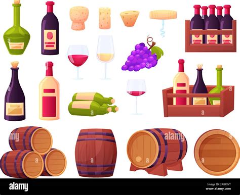 Cartoon Wine Elements Bottles Glasses And Wooden Boxes Cellar