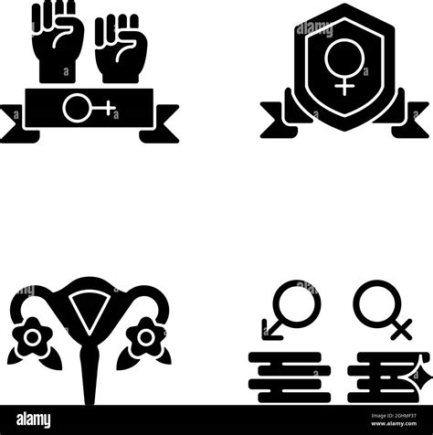 Female Empowerment Black Glyph Icons Set On White Space Stock Vector