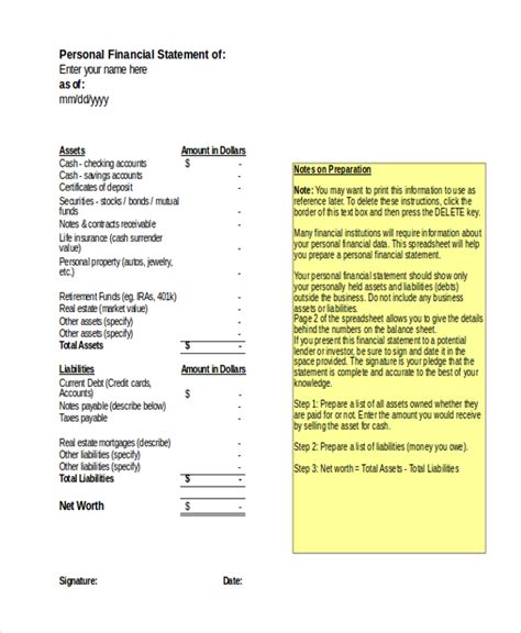 Free Sample Personal Financial Statement Forms In Ms Excel Pdf