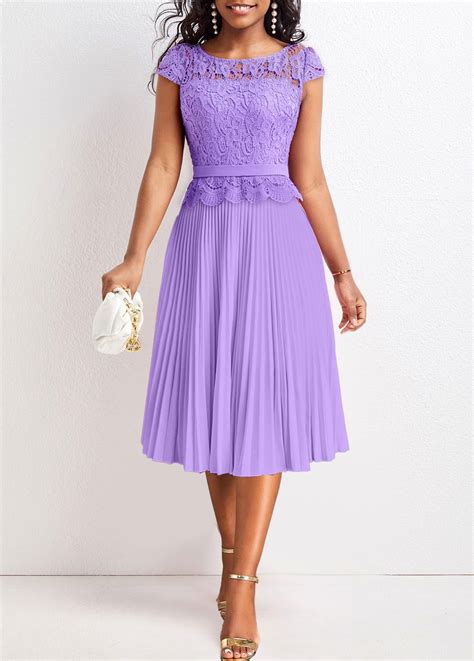 Light Purple Lace Short Sleeve Round Neck Dress Modlily USD 48 98