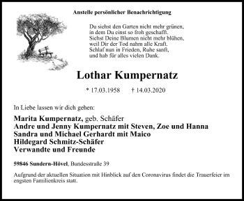 Traueranzeigen Von Lothar Kumpernatz Trauer In Nrw De