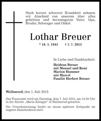 Traueranzeigen Von Lothar Breuer Rz Trauer De