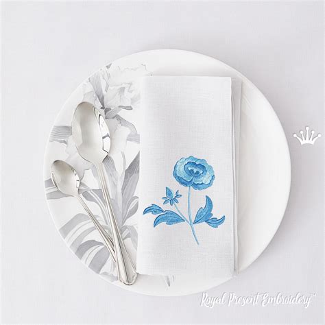 Blue Peony Flower Royal Present Embroidery