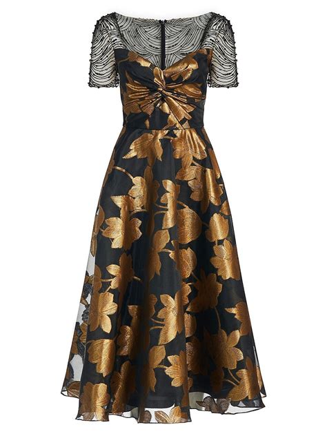 Theia Sonya Metallic Floral A Line Dress In Black Bronze Off