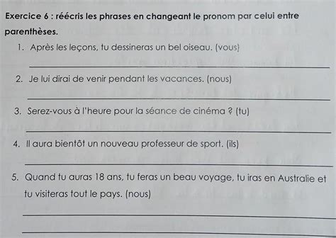 Exercice R Cris Les Phrases En Changeant Le Pronom Par Celui Entre