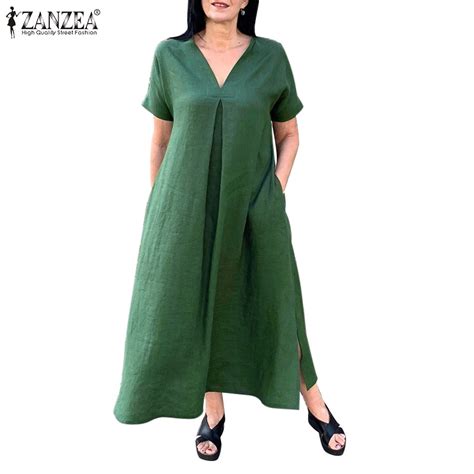 Zanzea Women Vintage Daily Short Sleeves V Neck A Line Net Color