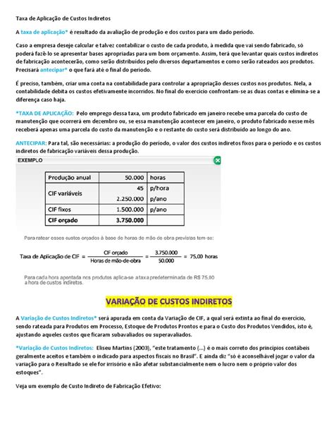 Aula 10 Contabilidade De Custos Taxa De Aplicação De Custos Indiretos Pdf Despesa