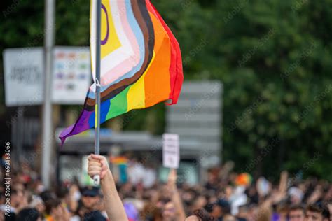 Multicolored And Rainbow Flags At The Gay Pride Demonstration In Madrid During The Summer Of