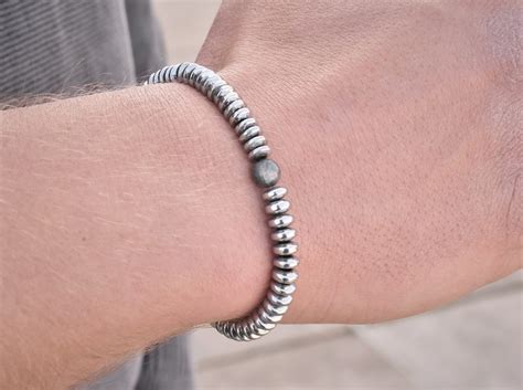 Men S Silver Hematite Bracelet Set Mens Stretching Beaded Etsy