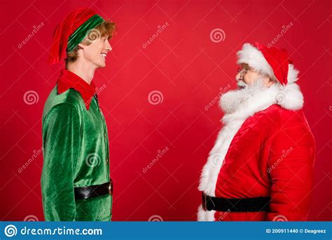 Profile Photo Of Two People Santa Claus Elf Look Each Other Wear X Mas Costume Coat Headwear