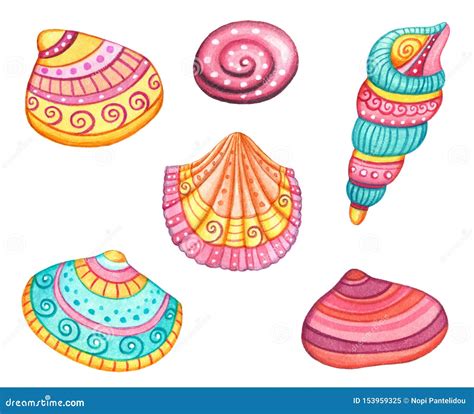 Set Of Colorful Sea Shells Isolated On White Background Stock