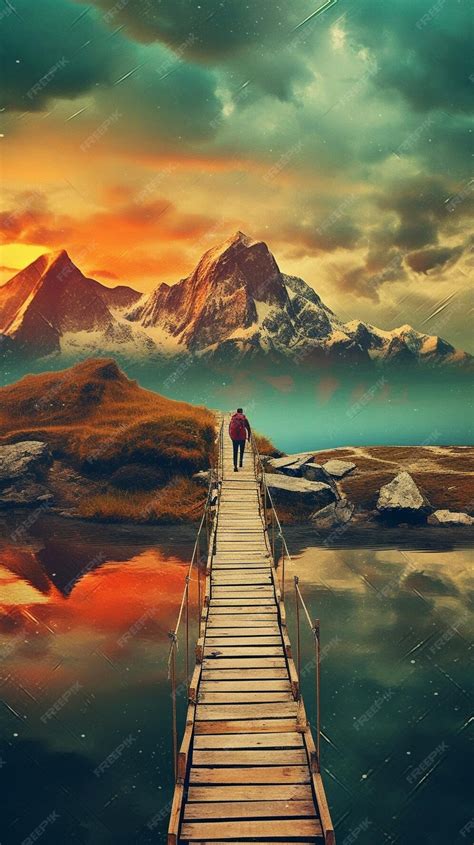 Premium Ai Image There Is A Man Walking Across A Bridge Over A Lake