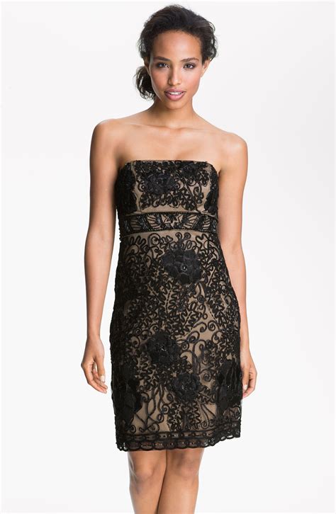 Sue Wong Strapless Embroidered Mesh Sheath Dress In Black Black Nude