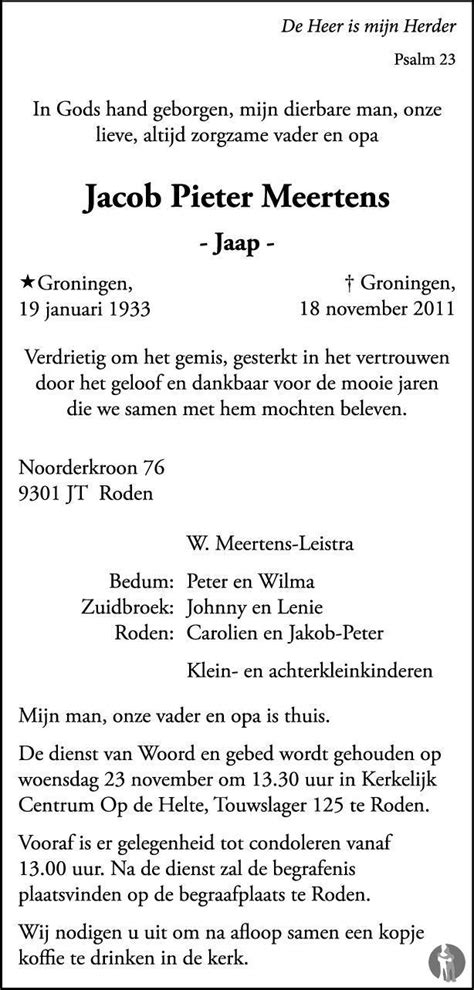 Jacob Pieter Jaap Meertens 18 11 2011 Overlijdensbericht En