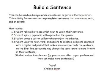 Complete Sentences Game by Chelsea Bosen | Teachers Pay Teachers