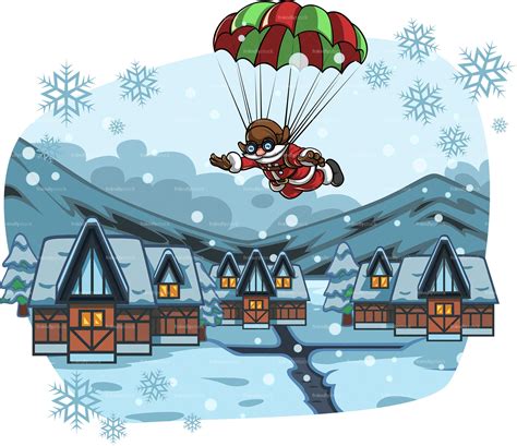 Santa Parachuting In Village Covered In Snow Cartoon Scene Friendlystock