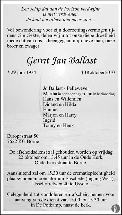 Gerrit Jan Ballast 18 10 2010 Overlijdensbericht En Condoleances