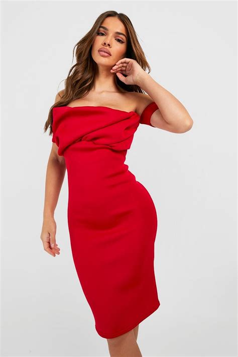 Bonded Scuba Off The Shoulder Midi Dress Boohoo